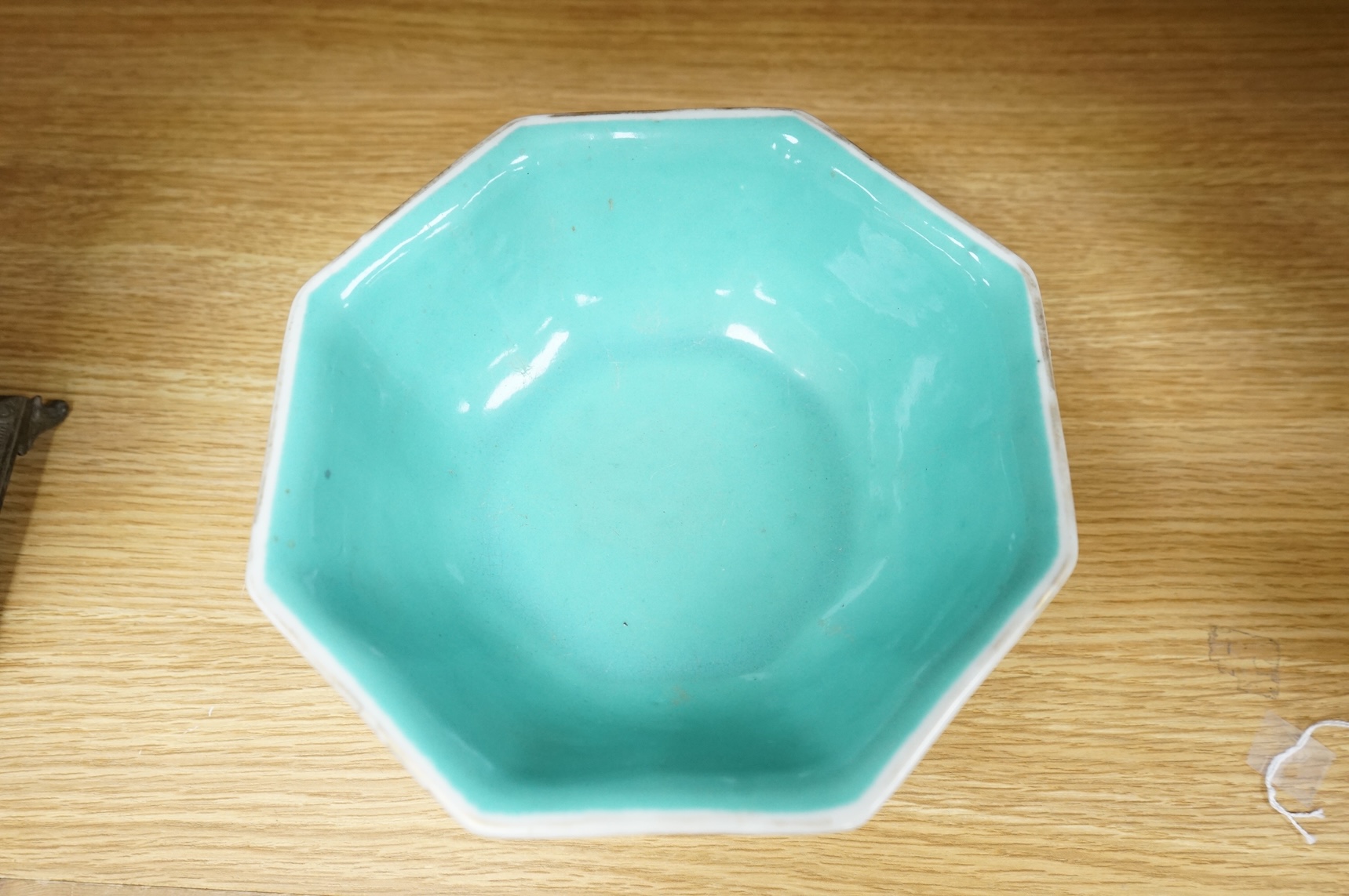 A Chinese enamelled porcelain turquoise ground hexagonal dish, Qianlong mark, late 19th century, 21cm in diameter